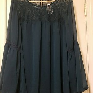 Torrid Gemstone Teal Blouse,  Chiffon, lace neckli